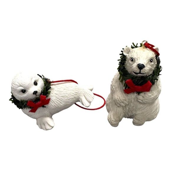 Hallmark Polar Bear & Merry Sea Lion Seal Holiday Ornament Set Lot of 2 White - Picture 1 of 11